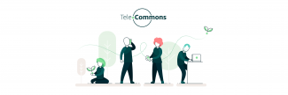 TeleCommons Titelillustration - eine sitzende Person mit Blatt in der Hand, ein telefonierender Mann, eine Frau mit Telefon, ein Mann am Computer unter dem TeleCommons Logo, ein fliegendes Blatt